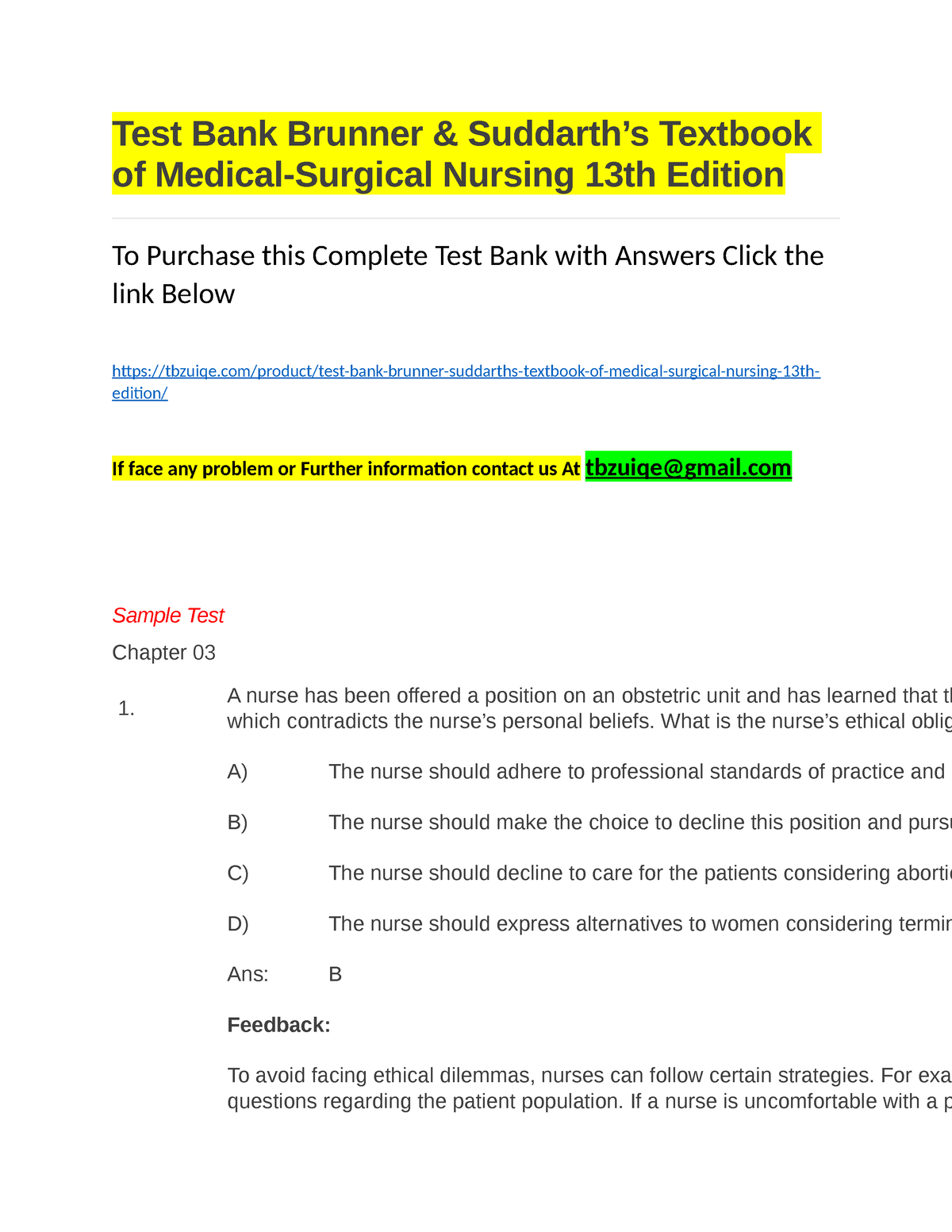 Test Bank Brunner Suddarth S Textbook Of Medical Surgical Nursing 13th