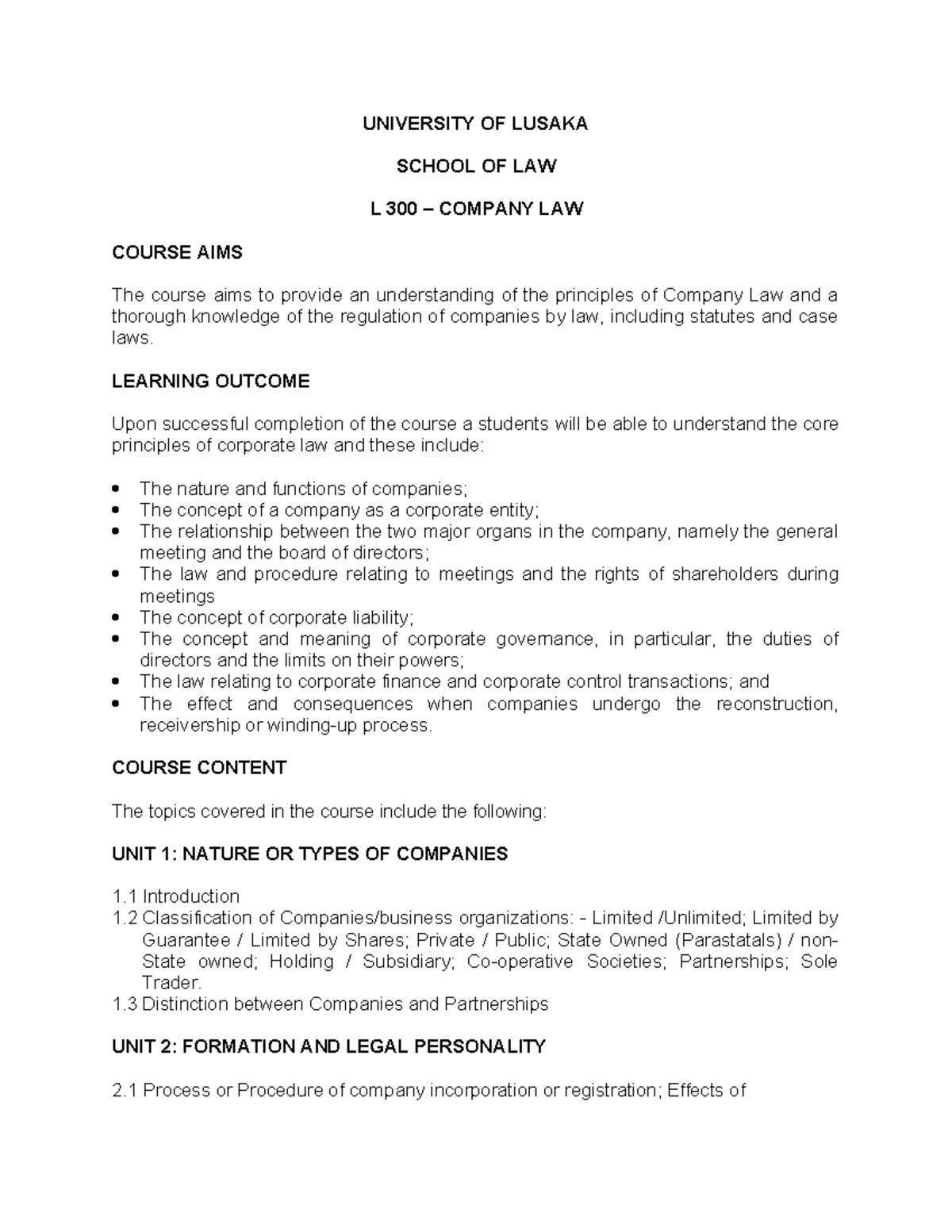 LAW L302 FPD 4 2020 1 - Notes - UNIVERSITY OF LUSAKA SCHOOL OF LAW L ...