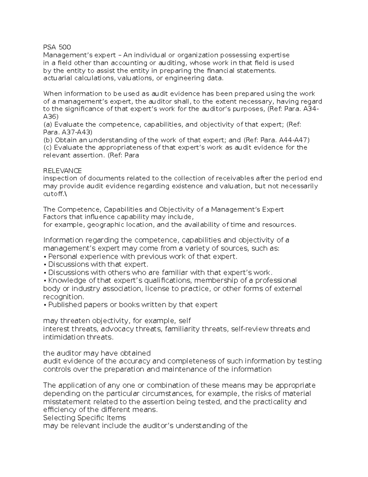 Notes - PSA 500 501 505 - PSA 500 Management’s expert – An individual ...