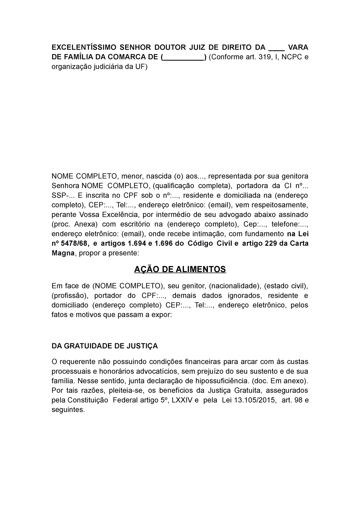 A O De Alimentos Excelent Ssimo Senhor Doutor Juiz De Direito Da Vara De Fam Lia Da