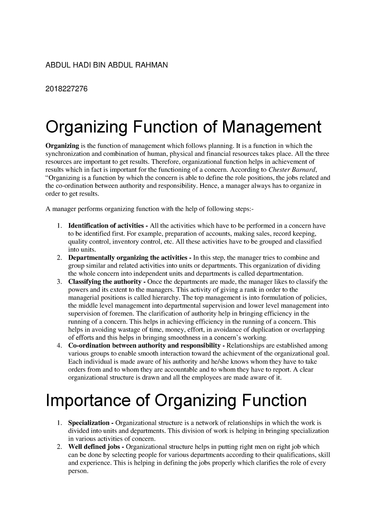 case study on organizing function of management