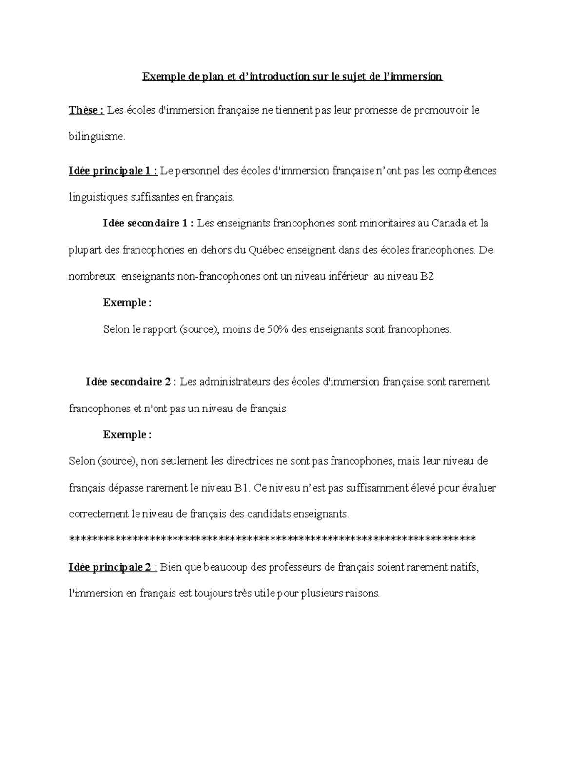 Exemple de plan et d’introduction sur le sujet de l’immersion - Idée ...