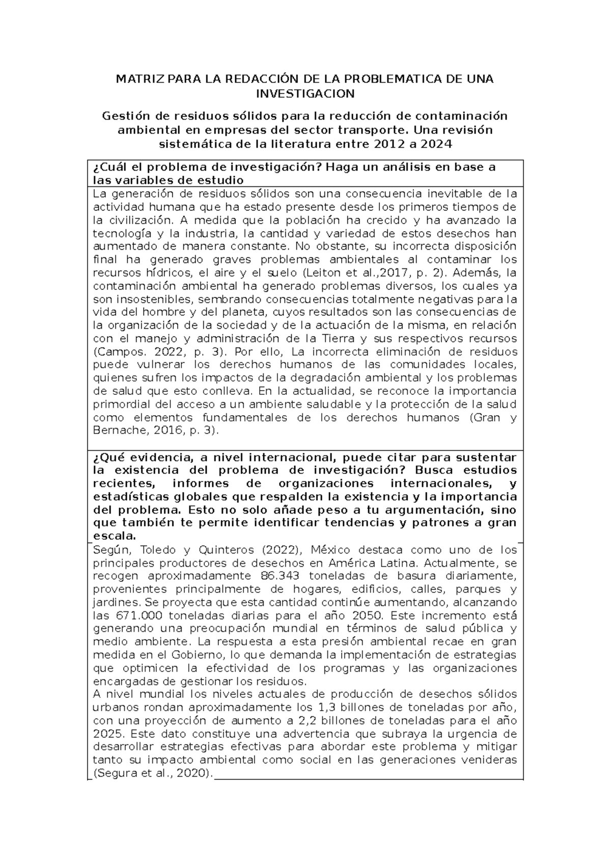 Matriz PARA LA Redaccion DE LA Problematica DE UNA Investigacion ...
