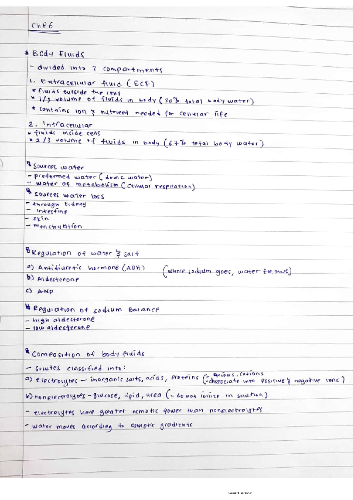 BIO310 CHP 6 Notes - Body fluids contain 2 compartments, that is ...