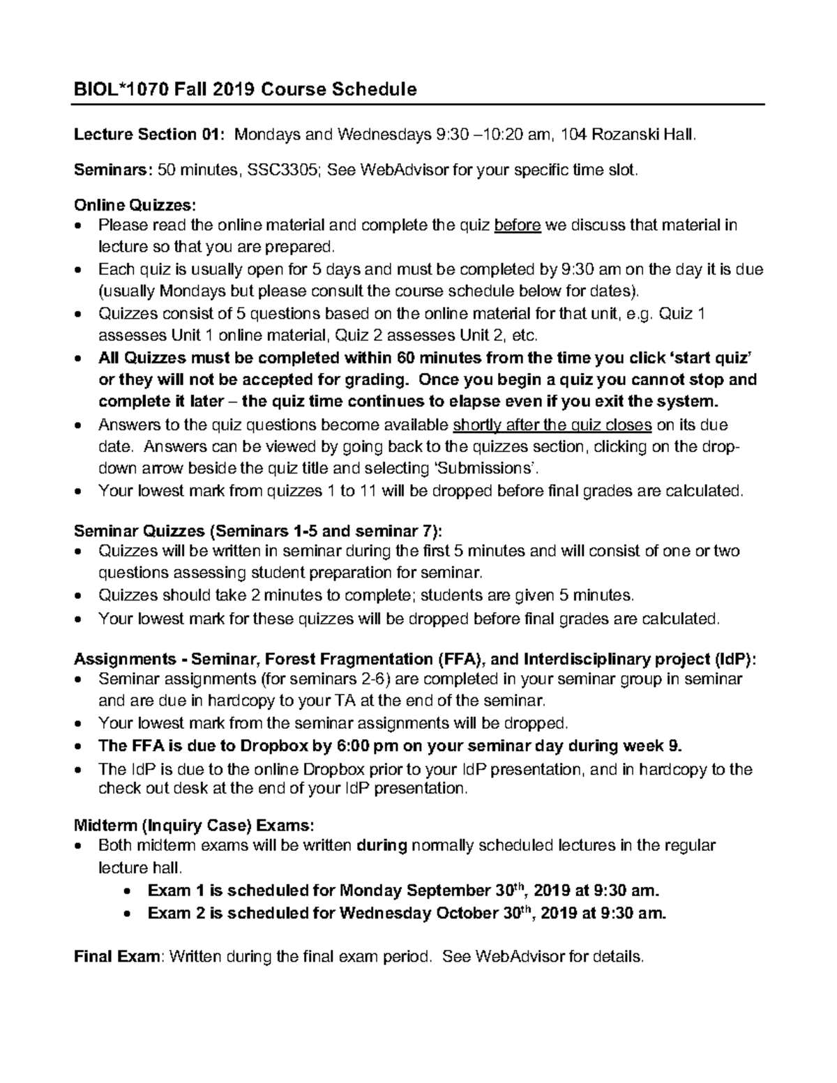 Course Schedule Fall 2019 - BIOL*1070 Fall 2019 Course Schedule Lecture ...