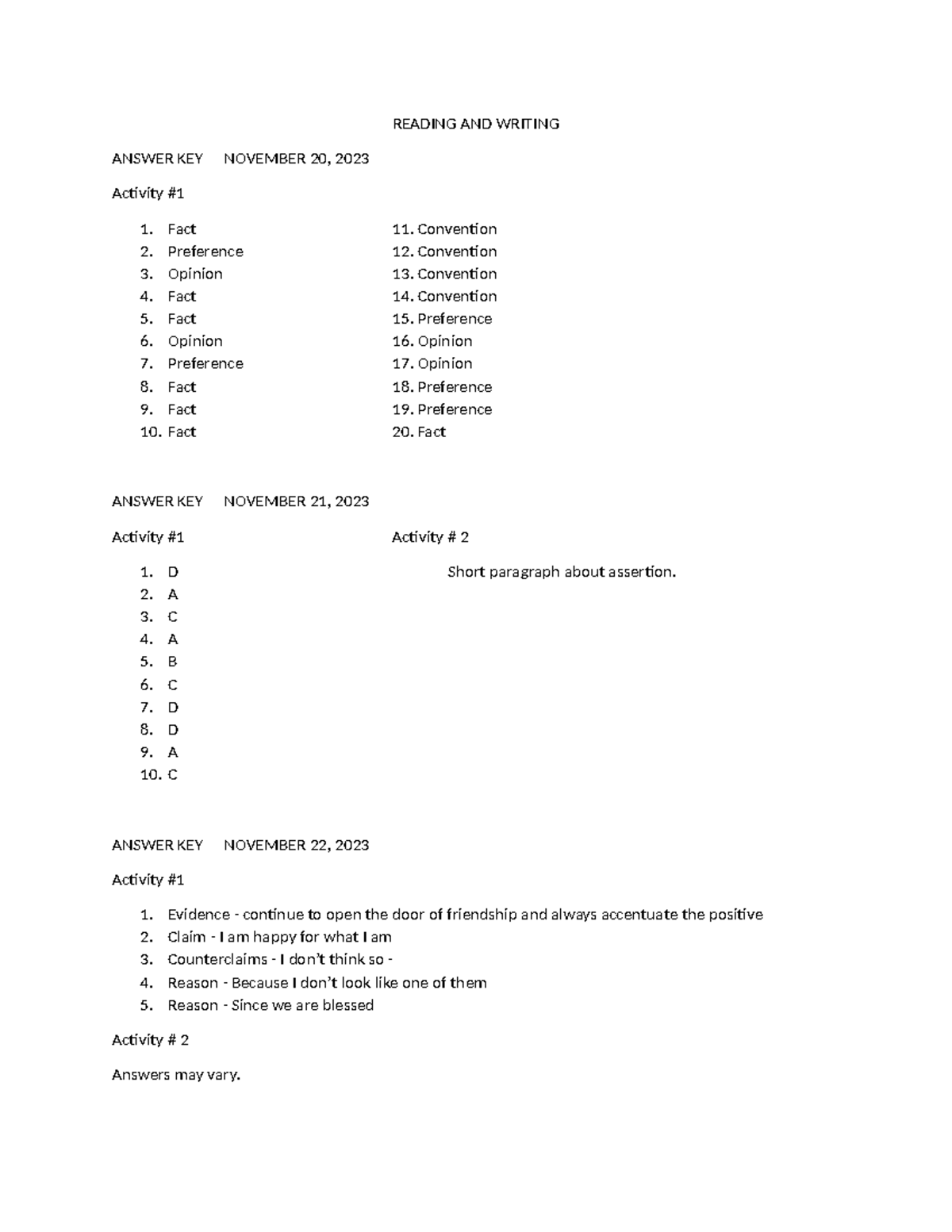 Reading AND Writing answer key READING AND WRITING ANSWER KEY