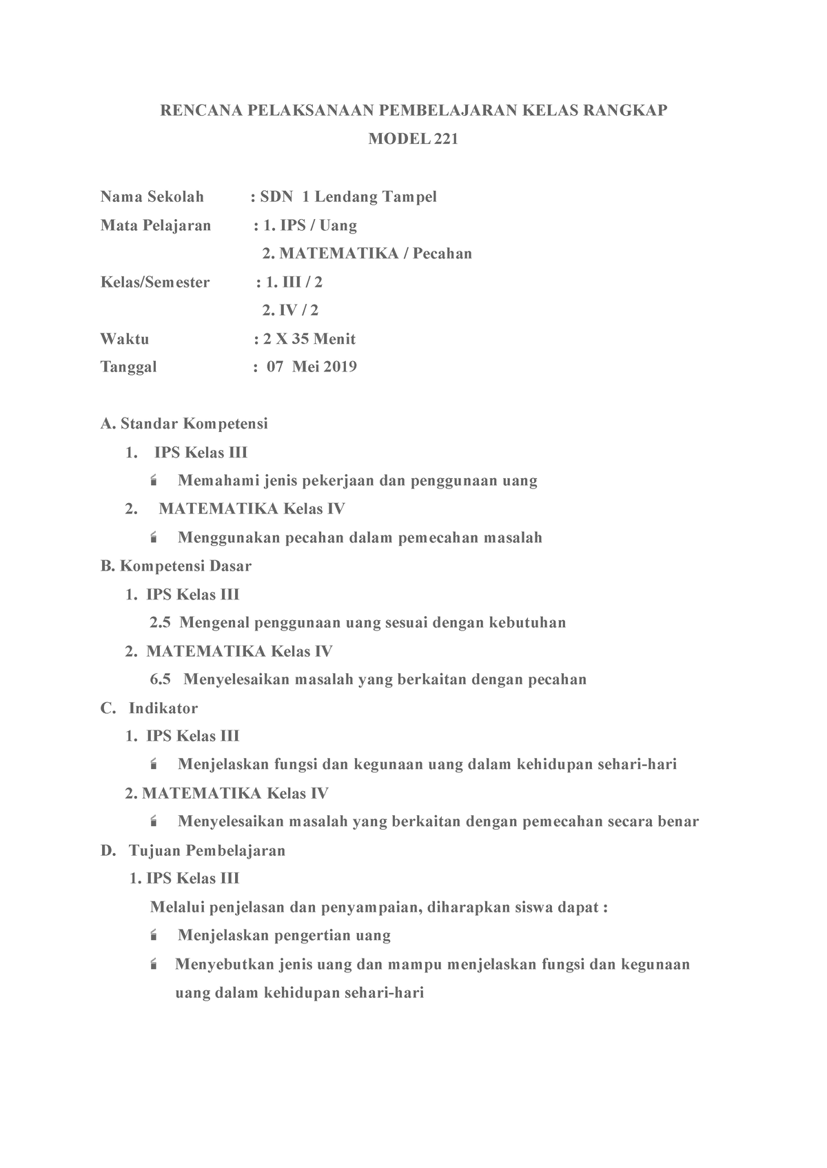 Rpp Kelas Rangkap Model 221 Rencana Pelaksanaan Pembelajaran Kelas Rangkap Model 221 Nama 