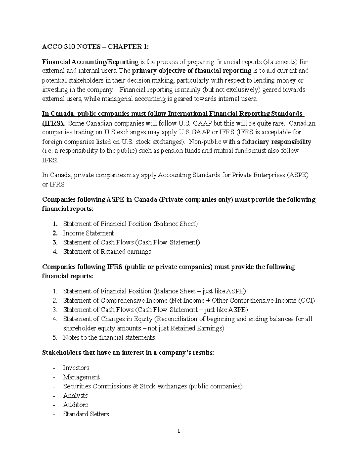Chapter 1 notes - ACCO 310 NOTES – CHAPTER 1: Financial Accounting ...