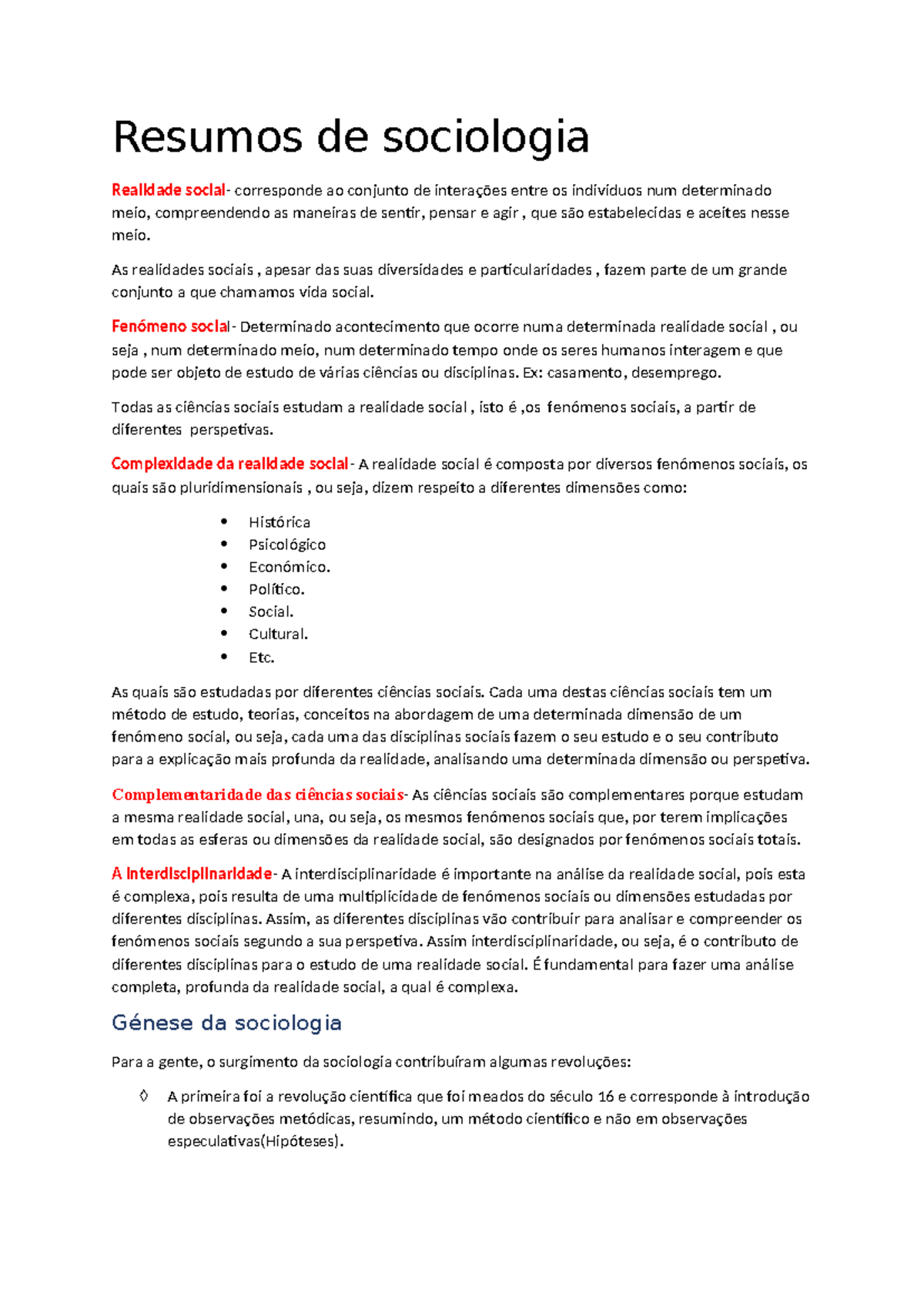 Resumos de sociologia - Resumos de sociologia Realidade social ...