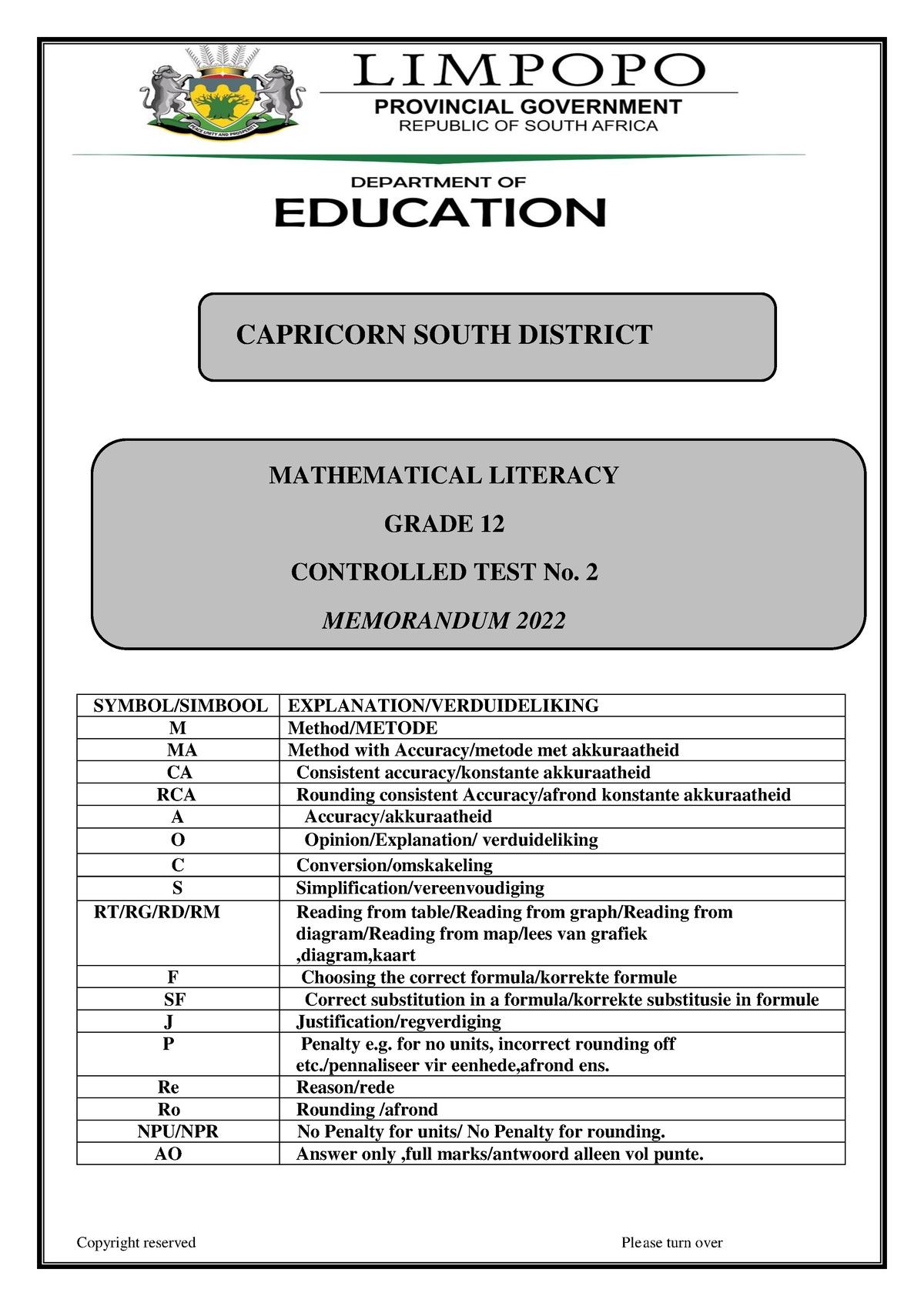 mathematical literacy grade 10 assignment term 2 memorandum