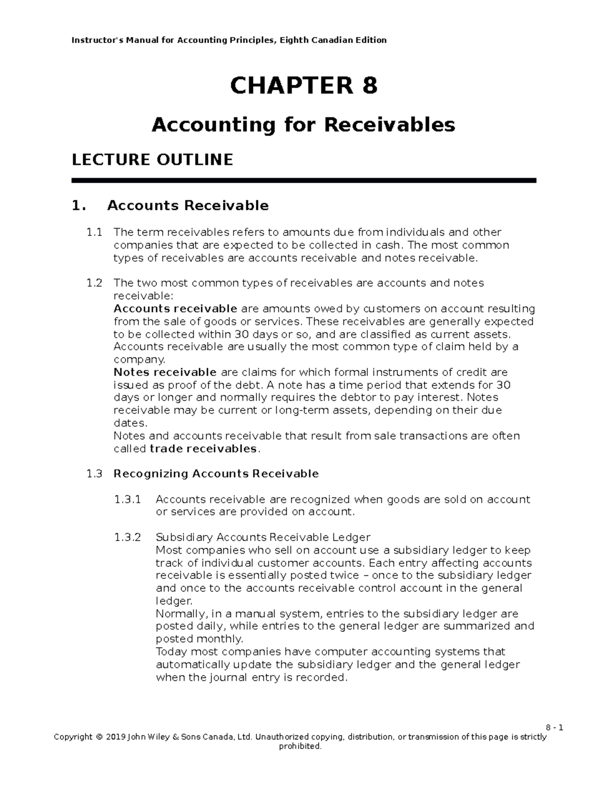 Ch08 - Note - CHAPTER 8 Accounting For Receivables LECTURE OUTLINE 1 ...