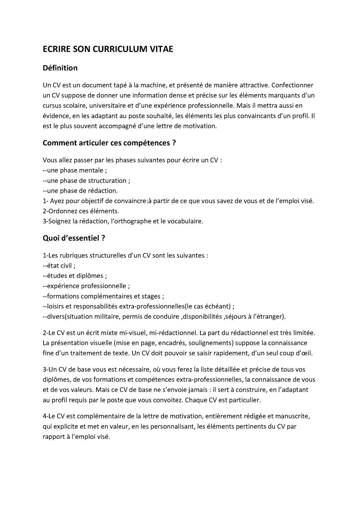 Ecrire SON Curriculum Vitae - ECRIRE SON CURRICULUM VITAE Définition Un