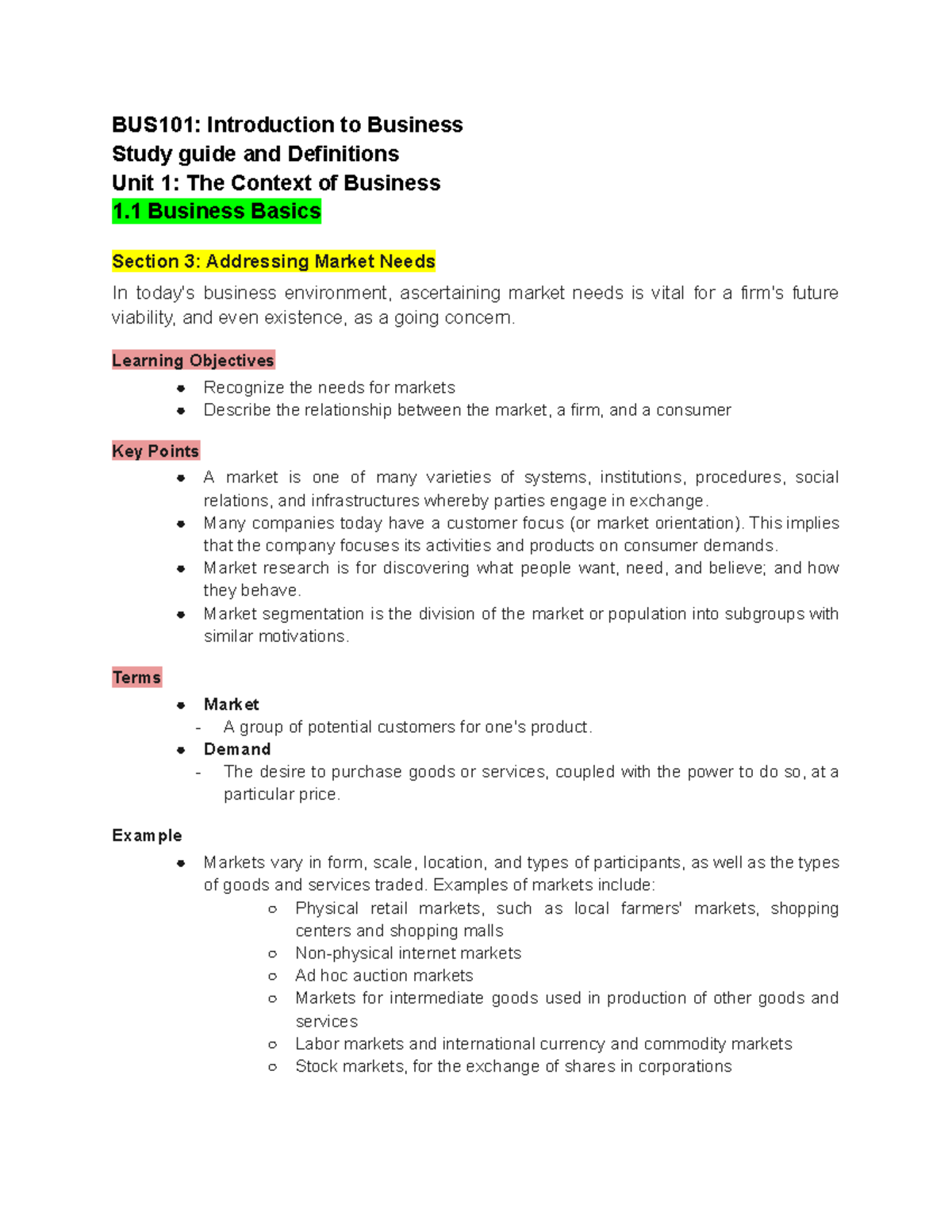 1.1 Business Basics (Section 3 Addressing Market Needs) - BUS101 ...