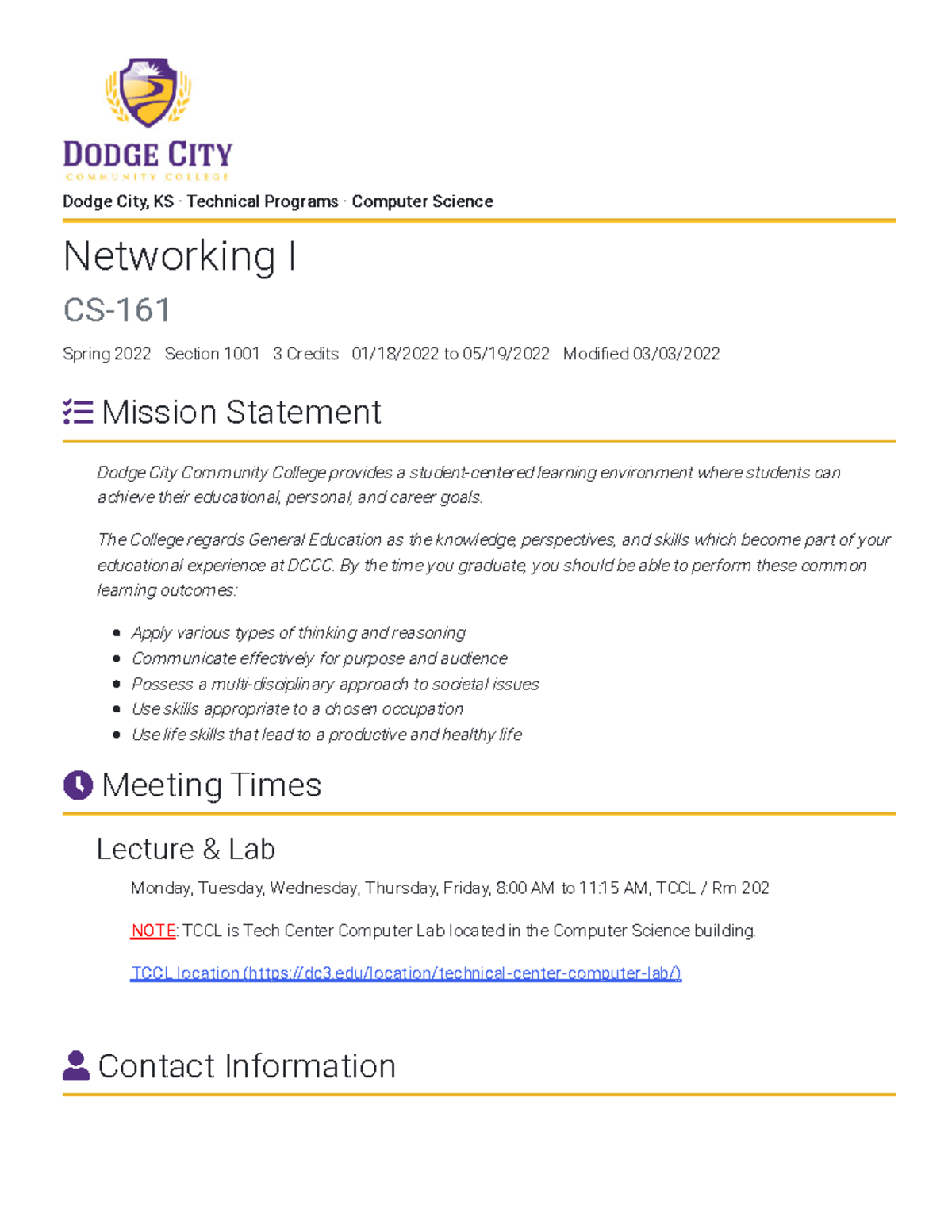 Networking I CS 161 Spring 2022 Mission Statement Dodge City