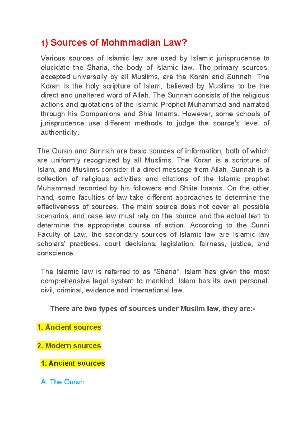 Family Law Class Test Aditi - 1 ) Sources of Mohmmadian Law? Various ...