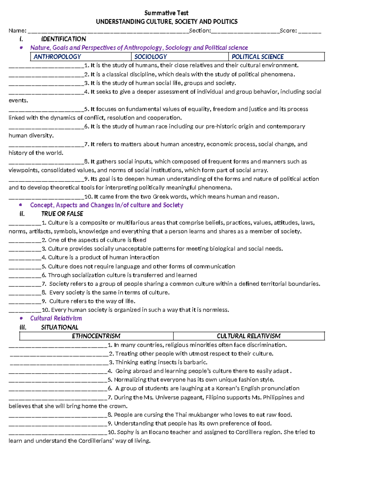 UCSP- Summative Test 22-23-1ST - Summative Test UNDERSTANDING CULTURE ...