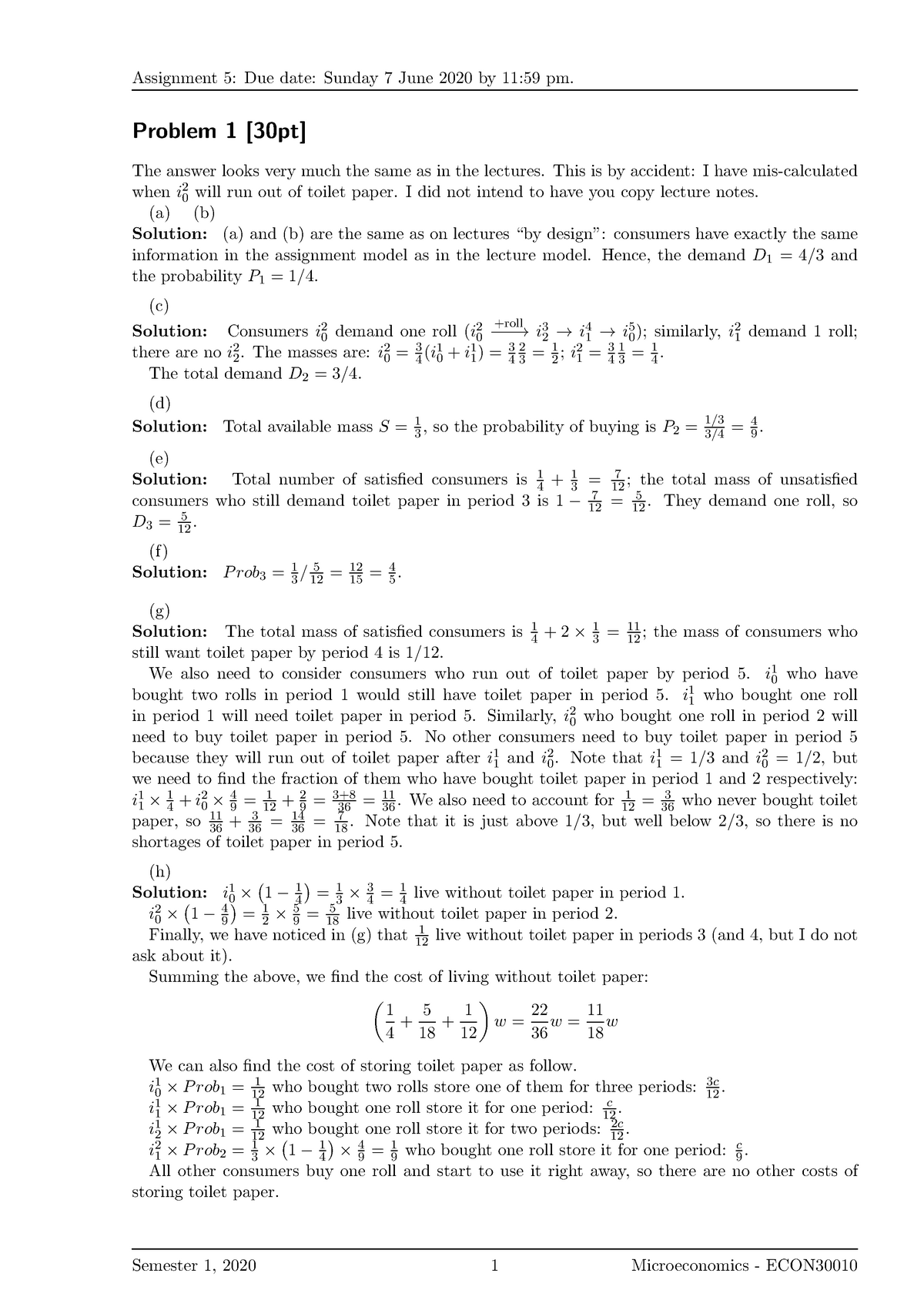 ECON30010 A5 Solution - Problem 1 [30pt] The Answer Looks Very Much The ...