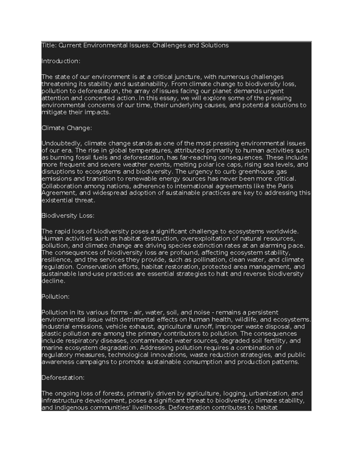 Environments document - Title: Current Environmental Issues: Challenges ...