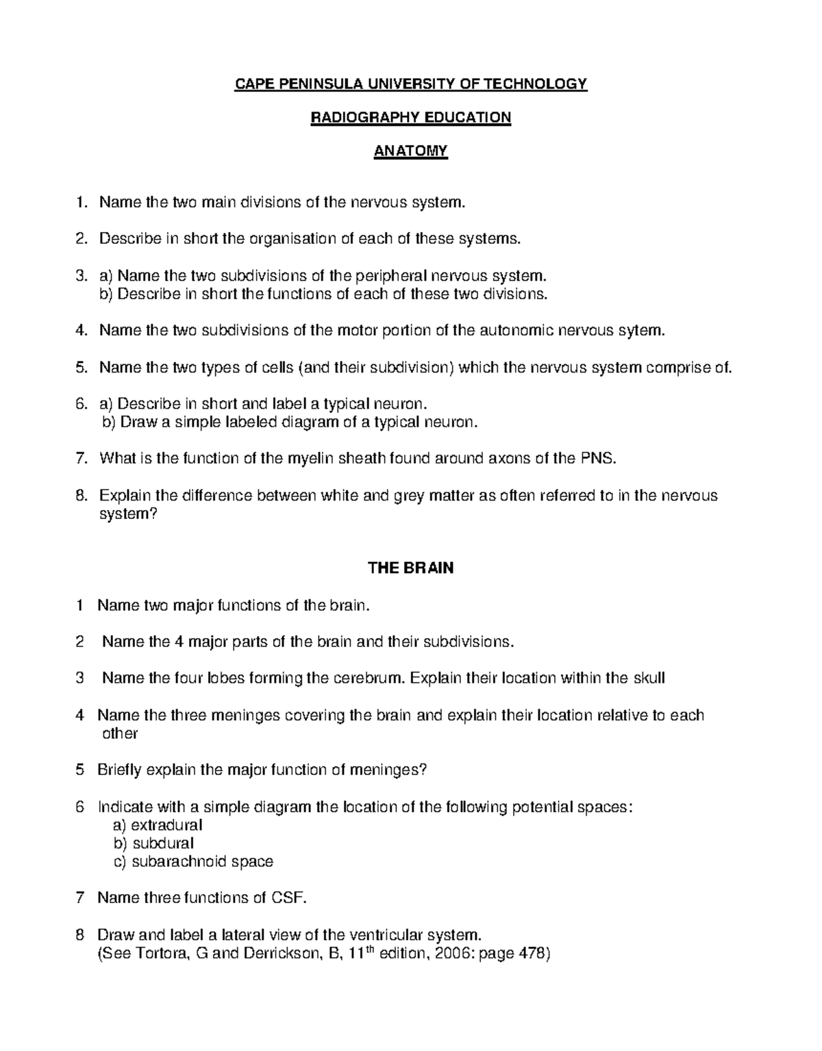 Central Nervous System Worksheet - CAPE PENINSULA UNIVERSITY OF ...