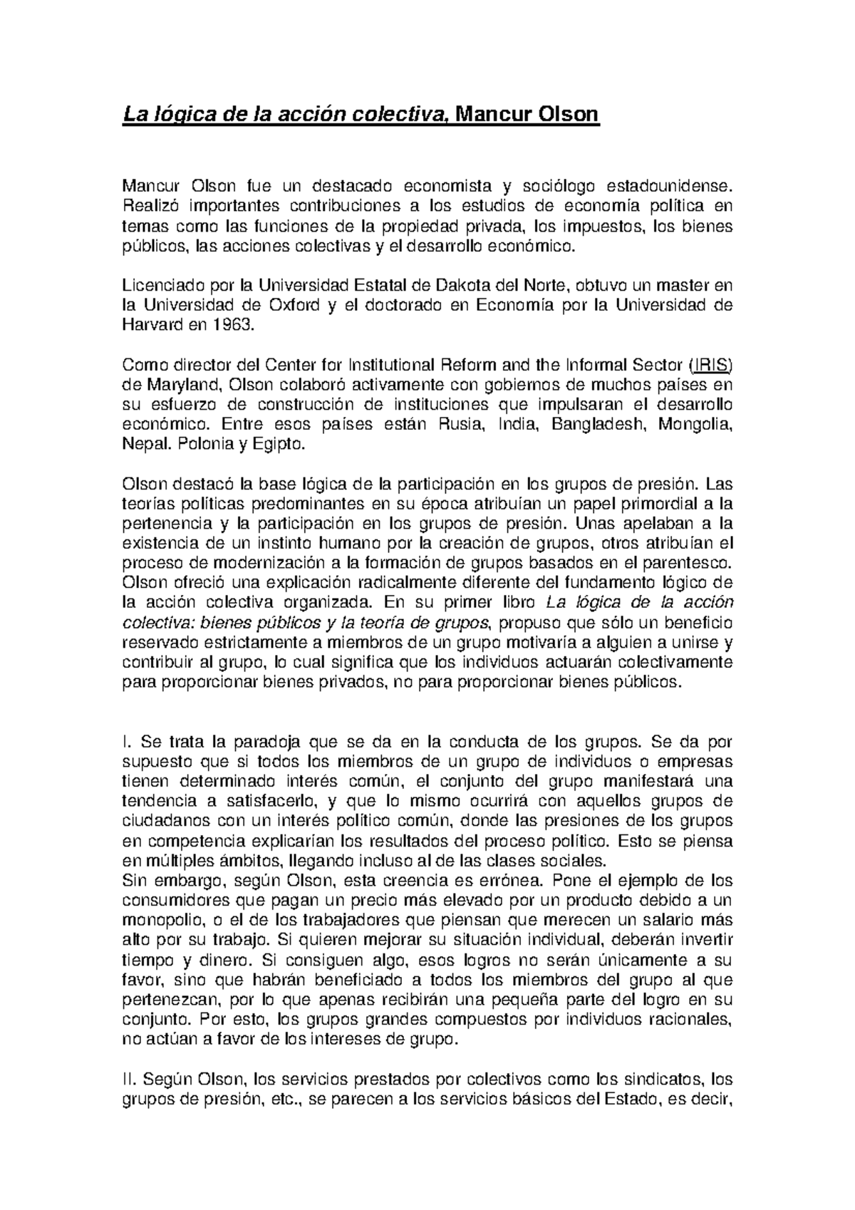 Trabajo Mancur Olson 'La lógica de la acción colectiva'.pdf La Trabajo Mancur Olson 'La lógica de la acción colectiva'.pdf La