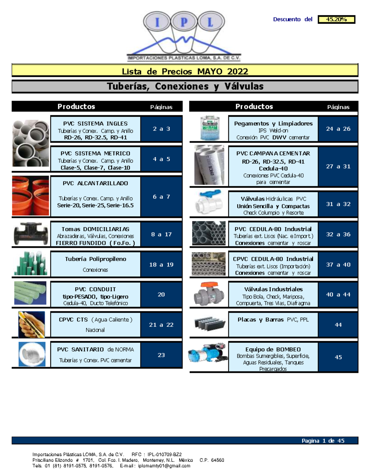Lista de Precios IPL 05 22-01-4 - Descuento del 45% Tuberías ext. Lisos