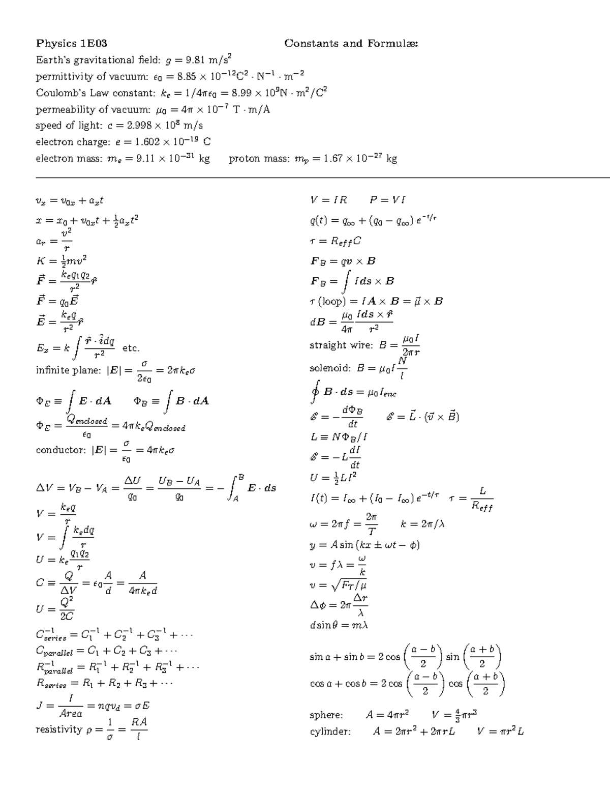 1E03 Formula Sheet 2020 - Physics 1E03 Constants and Formulæ: Earth’s ...