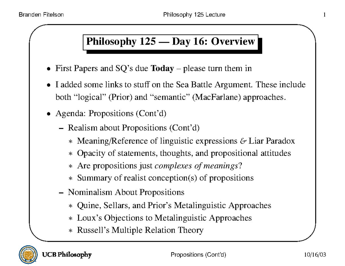 Propositions (Cont’d) - Branden Fitelson Philosophy 125 Lecture 1 ...