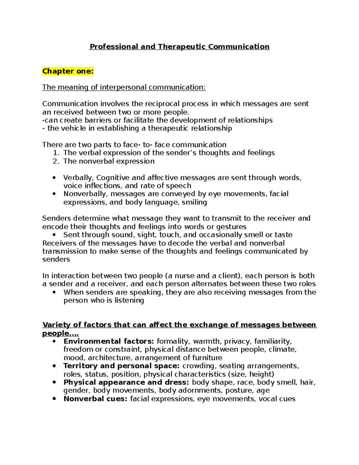 Professional and Therapeutic communication notes for Exam 1 ...