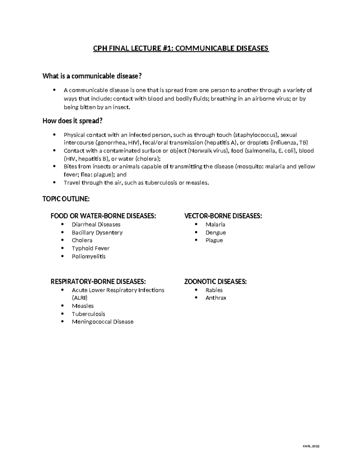 CPH Final Lecture Notes - CPH FINAL LECTURE #1: COMMUNICABLE DISEASES ...