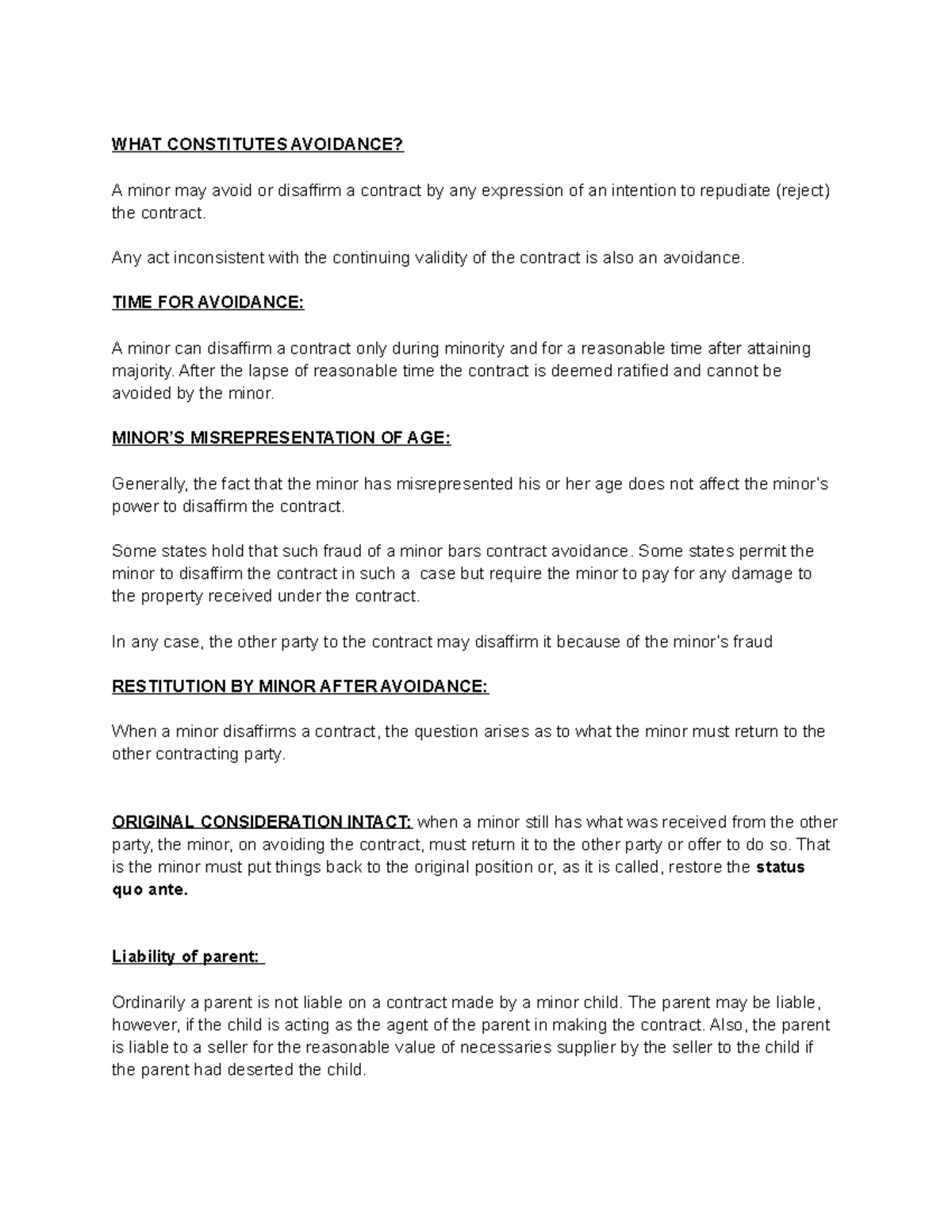BLAW 3 - Lesson 3 - WHAT CONSTITUTES AVOIDANCE? A minor may avoid or ...