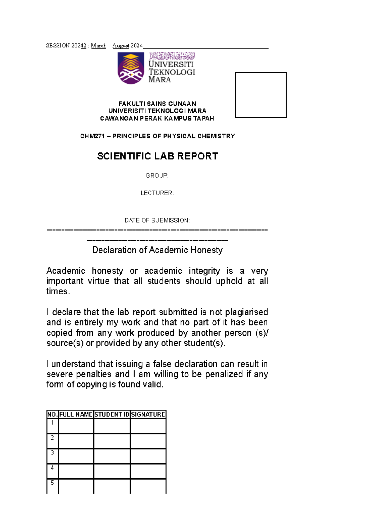 CHM271 Front Cover LAB Report - SESSION 202 42 : March – August 2024 ...