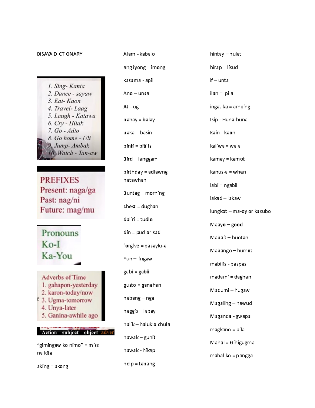 Bisaya Dictionary BISAYA DICTIONARY “gimingaw ko nimo” = miss na kita aking = akong Alam