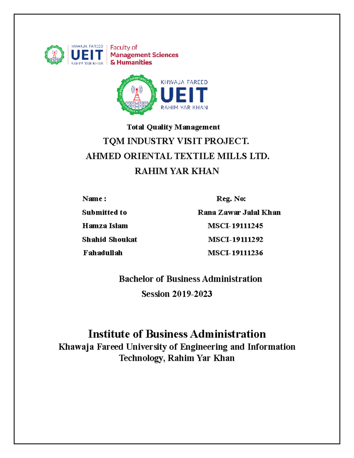 TQM Project - No write ️ - Total Quality Management TQM INDUSTRY VISIT ...