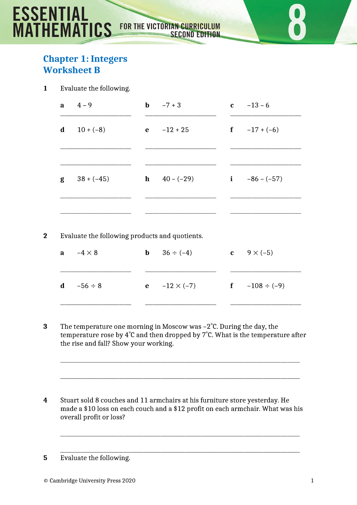 Worksheet 01B - BCHG - Chapter 1: Integers Worksheet B 1 Evaluate the ...