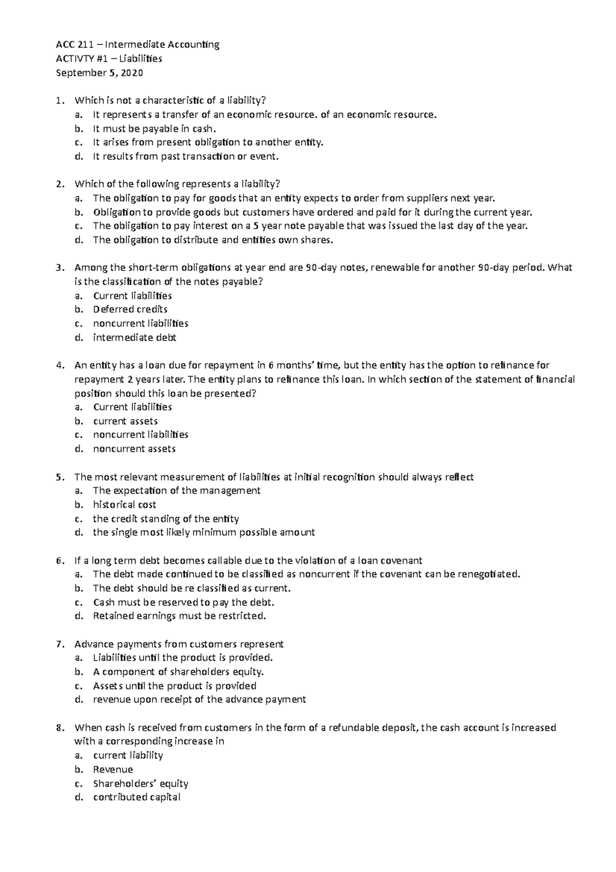 Activity 1 - Liabilities - ACC 211 - ACC 211 – Intermediate Accouning ...