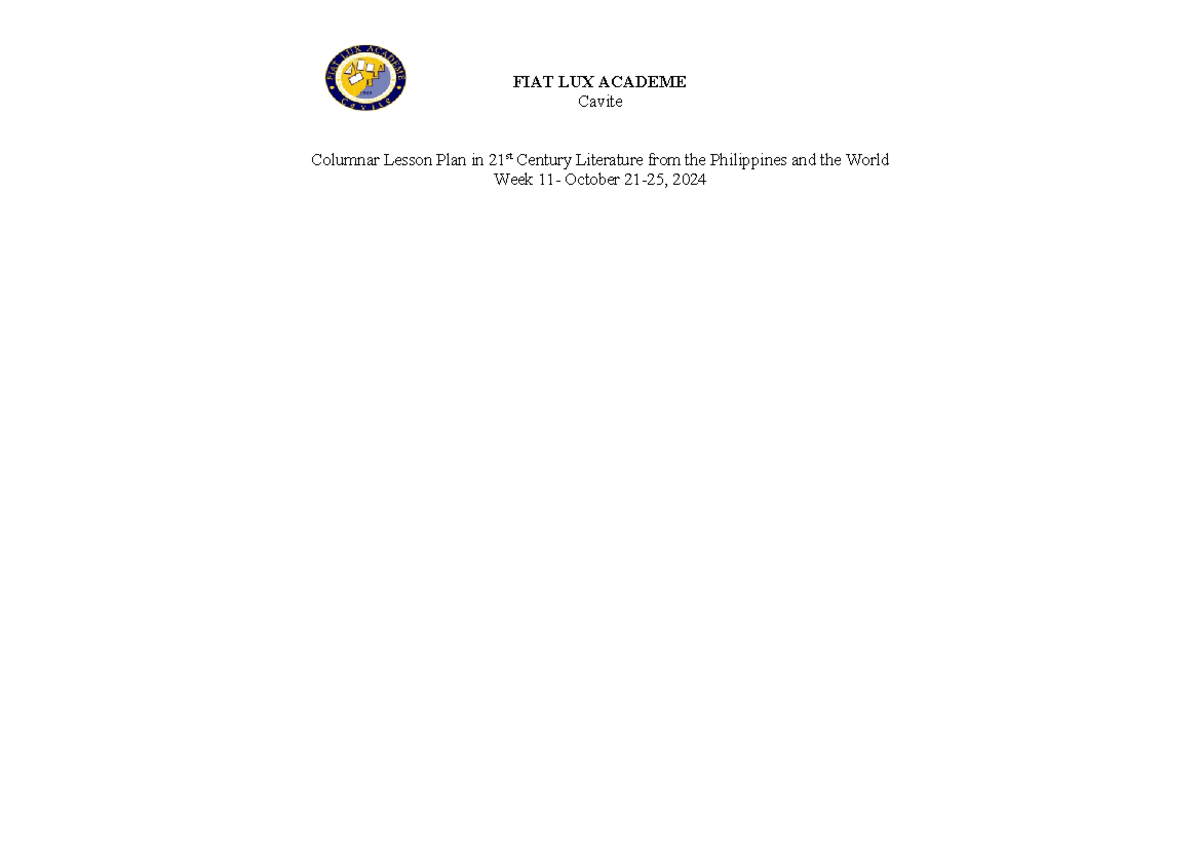 Week-11-21st Lesson - FIAT LUX ACADEME Cavite Columnar Lesson Plan in ...