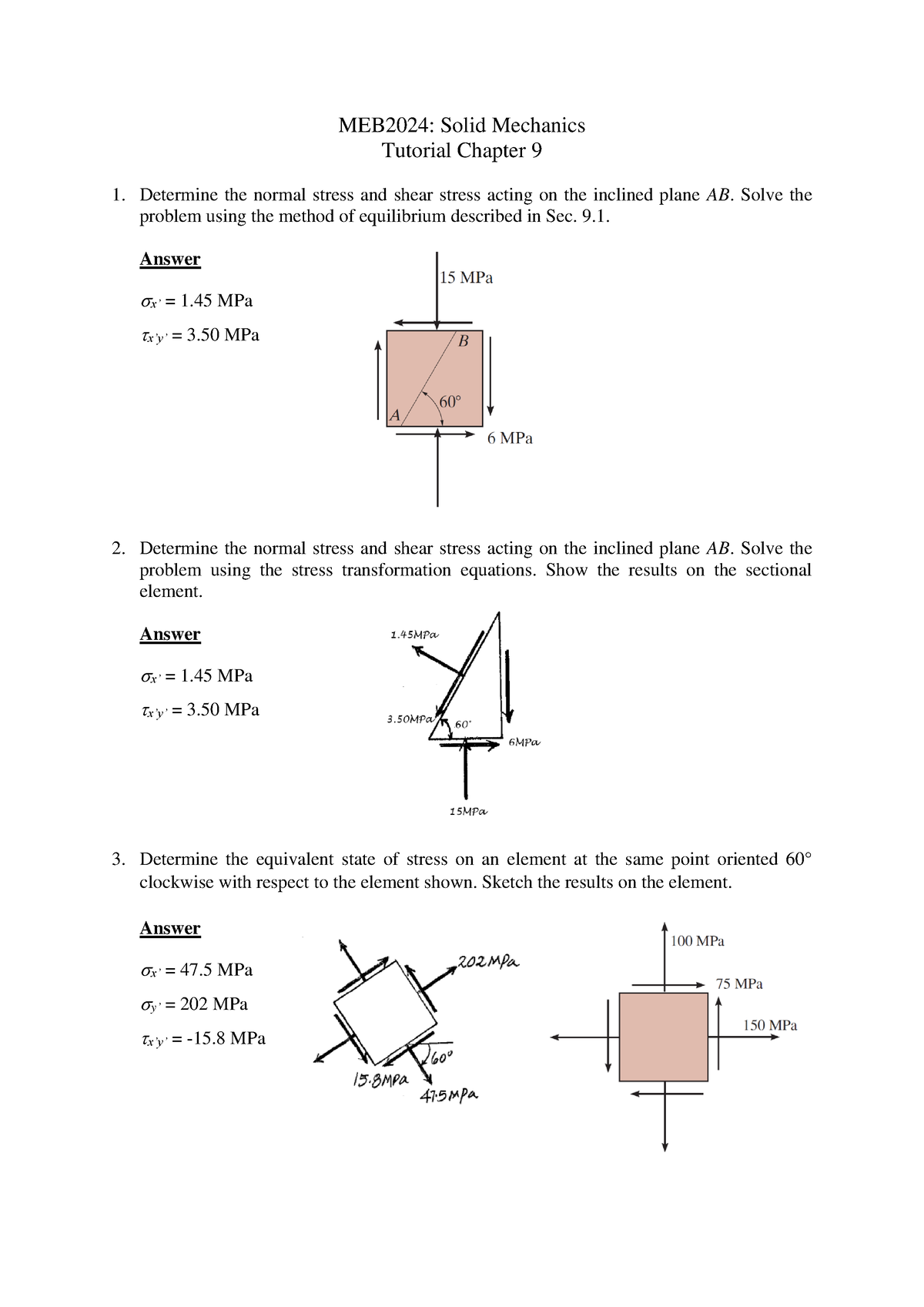 Tutorial Chap9 Ans - MEB2024: Solid Mechanics Tutorial Chapter 9 ...