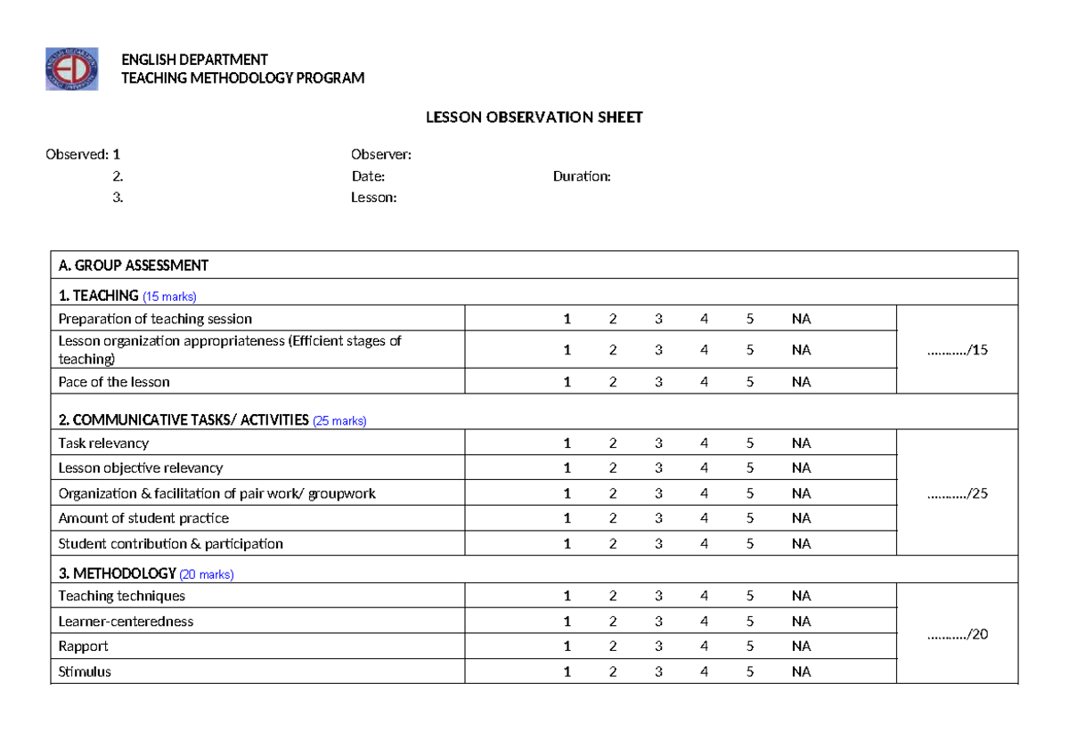 Lesson observation sheet - ENGLISH DEPARTMENT TEACHING METHODOLOGY ...