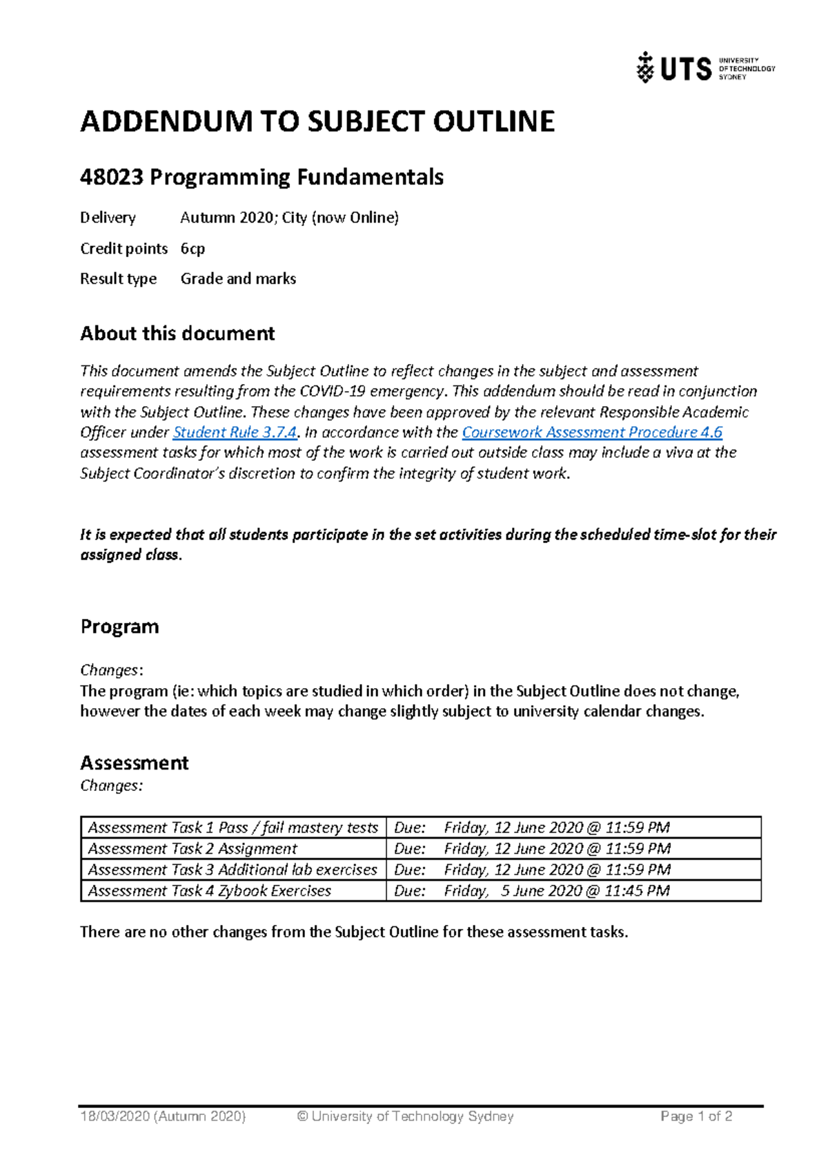 Subject Outline Addendum - 18/03/2020 (Autumn 2020) © University of ...