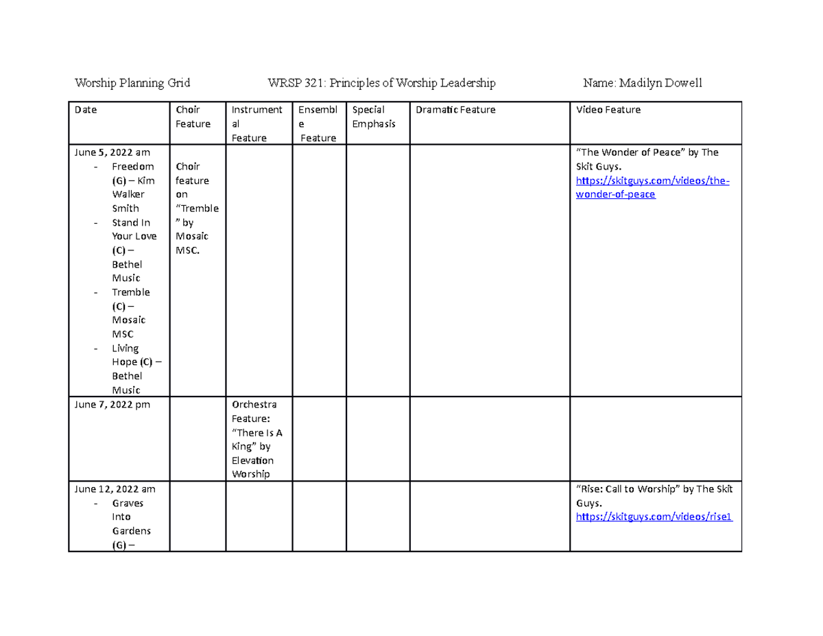 WRSP 321 Worship Planning Grid - Worship Planning Grid WRSP 321