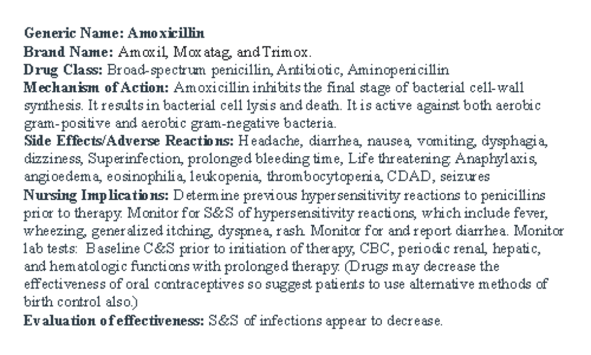 Drugcards wk8 drug cards Generic Name Amoxicillin Brand Name