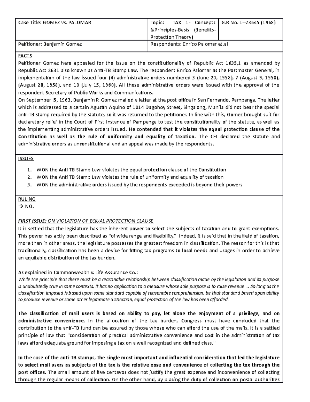 Concepts and Principles(Benefits Protection) Gomez vs. Palomar - Case ...