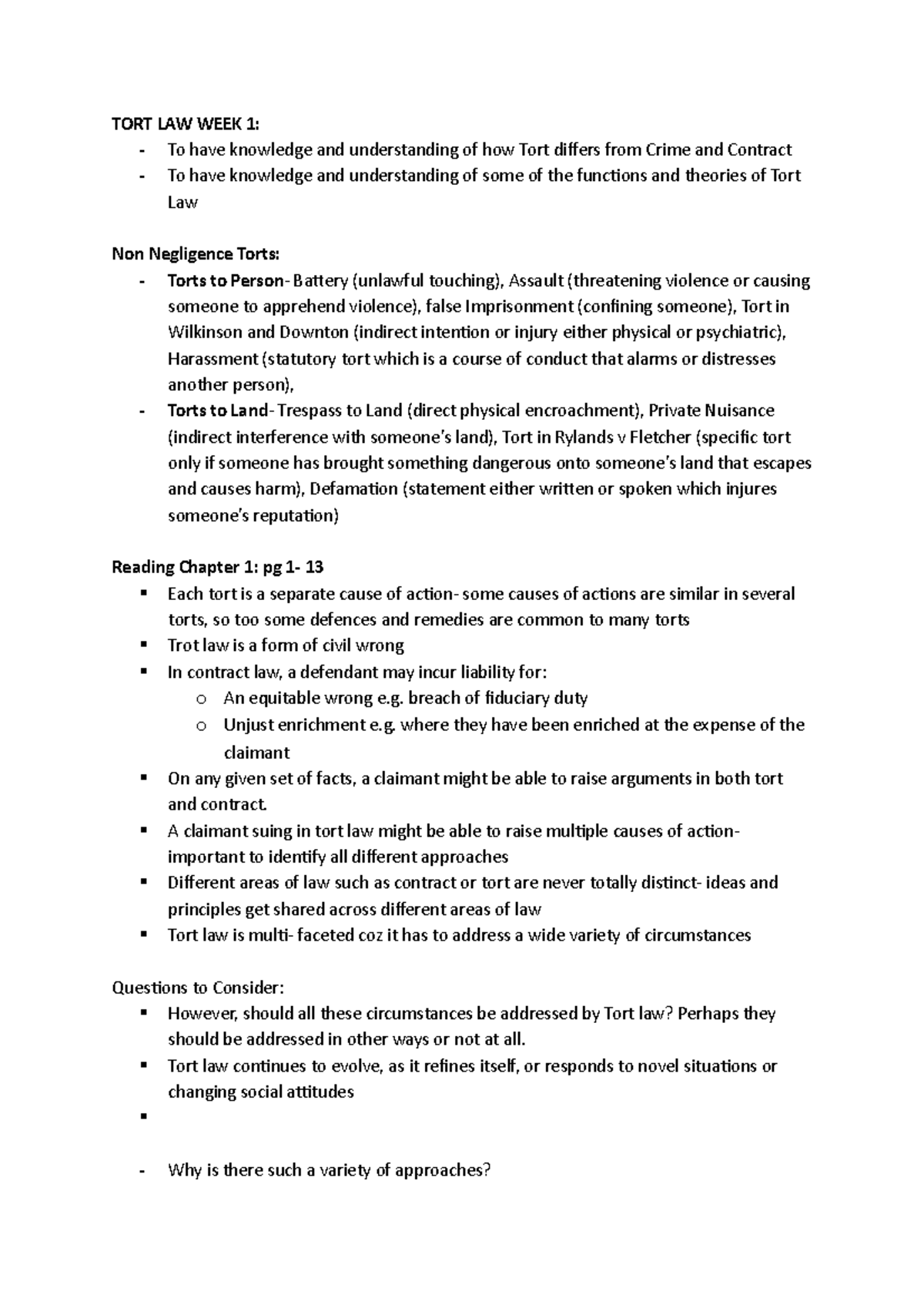 TORT LAW WEEK 1 - Lecture notes 1 - TORT LAW WEEK 1: - To have ...