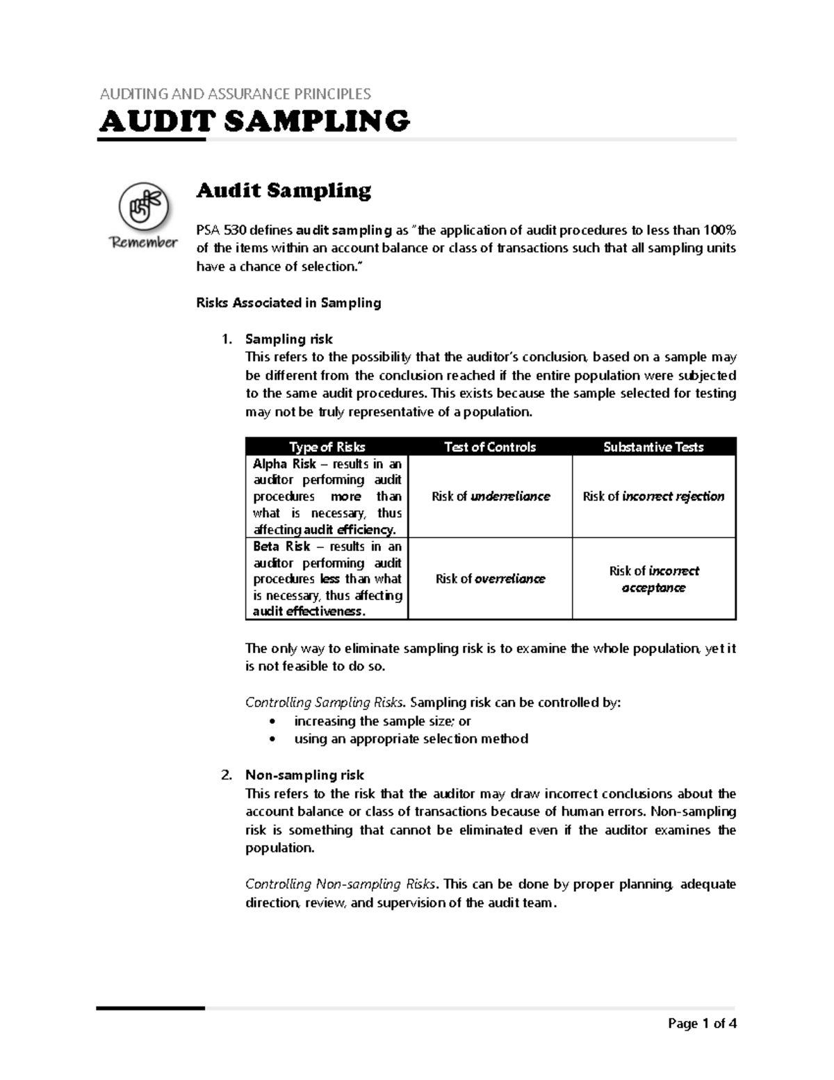 Module 007 Audit Sampling Audit Sampling PSA 530 defines audit sampling as “the application of