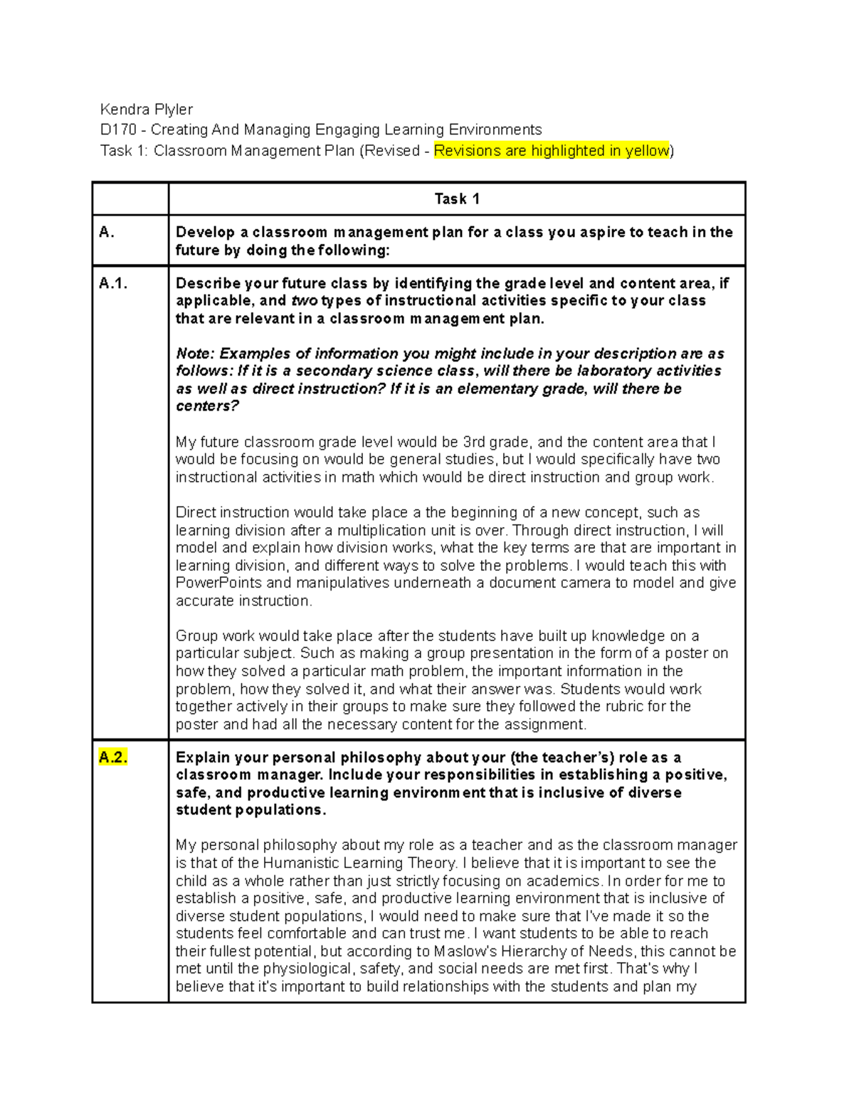Task 1 - Classroom Management Plan (D170) - Revised - Kendra Plyler ...
