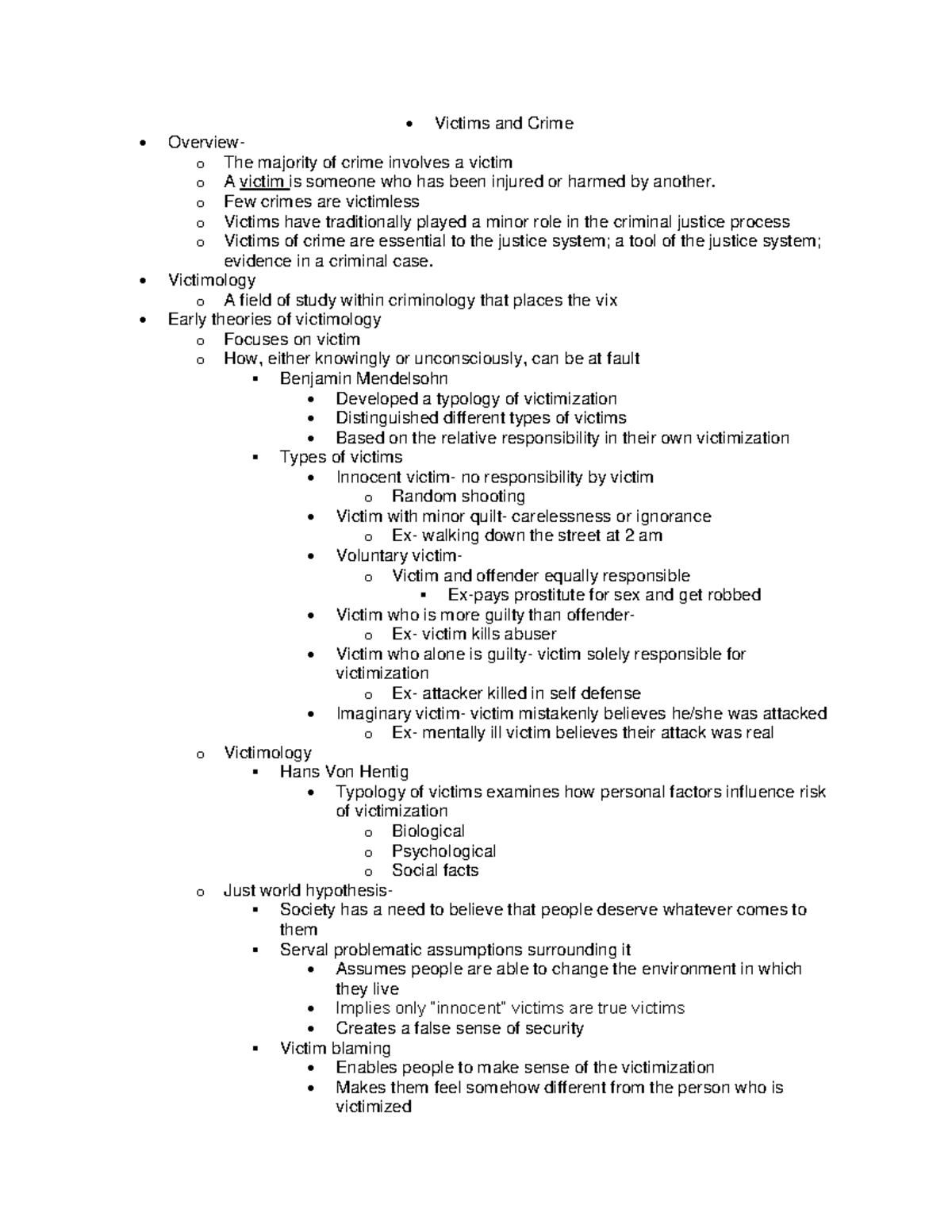 Victims and Crime - Criminal Justice 181- Intro to CJ Lecture notes for ...