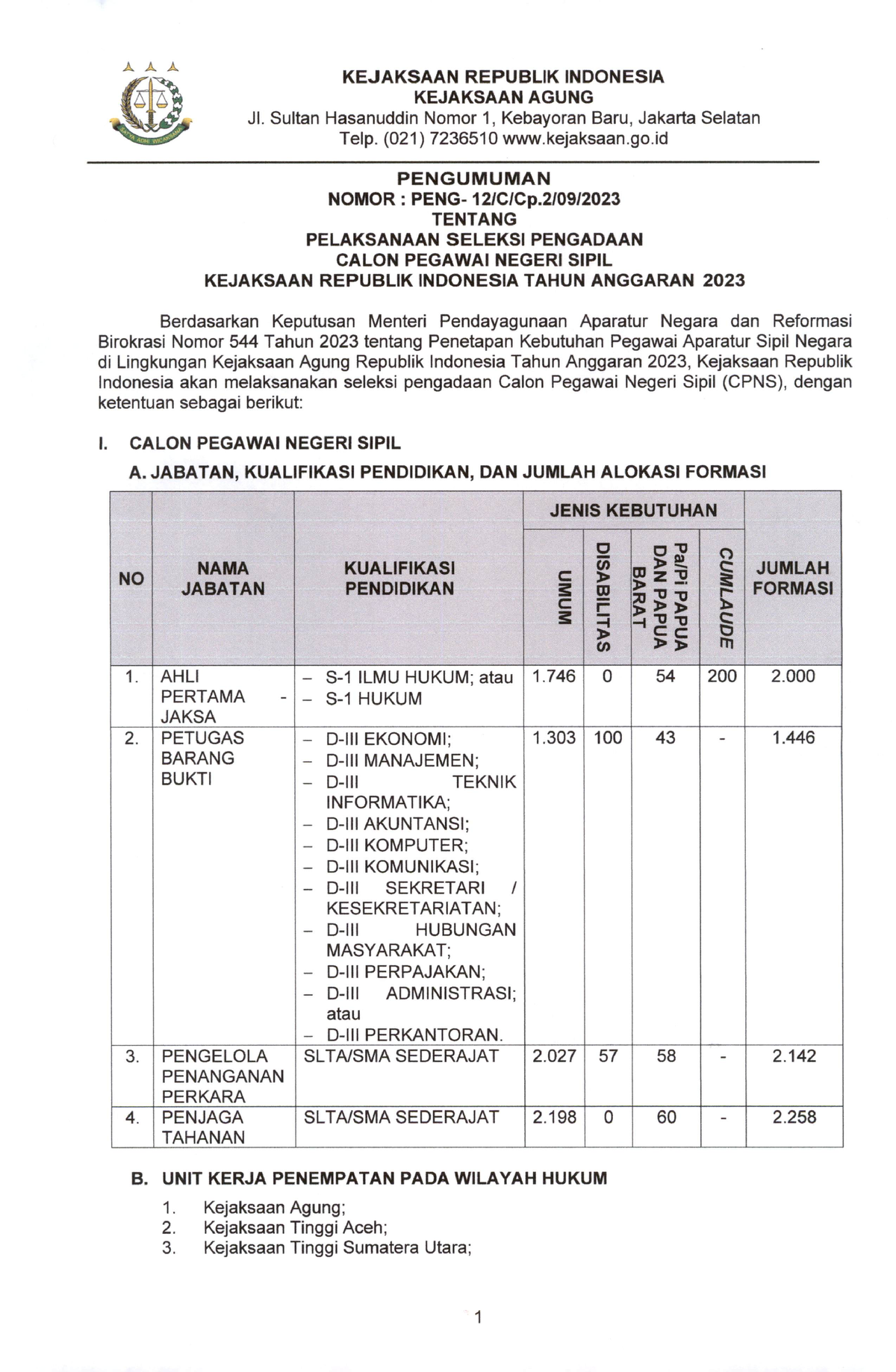 Pengumuman Seleksi CPNS Kejaksaan RI Fakultas Hukum Studocu