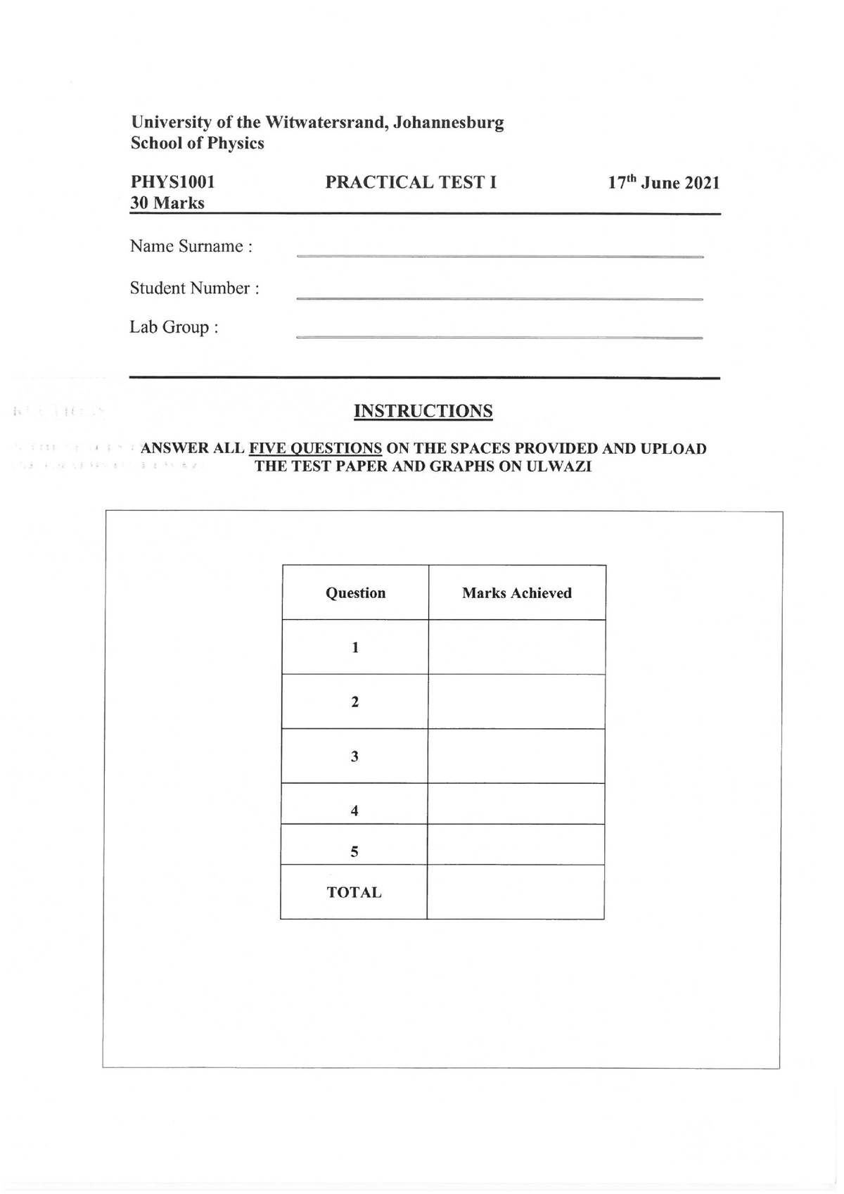 Practical Test 1 2021 Solution - PHYS1001 - Studocu