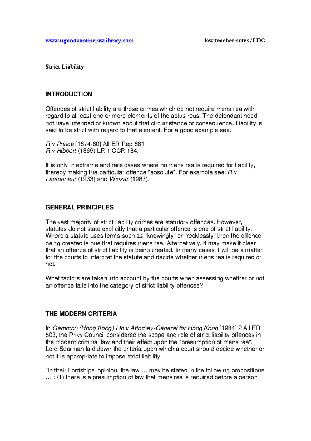 Notes On Strict Liability Strict Liability Introduction Offences Of