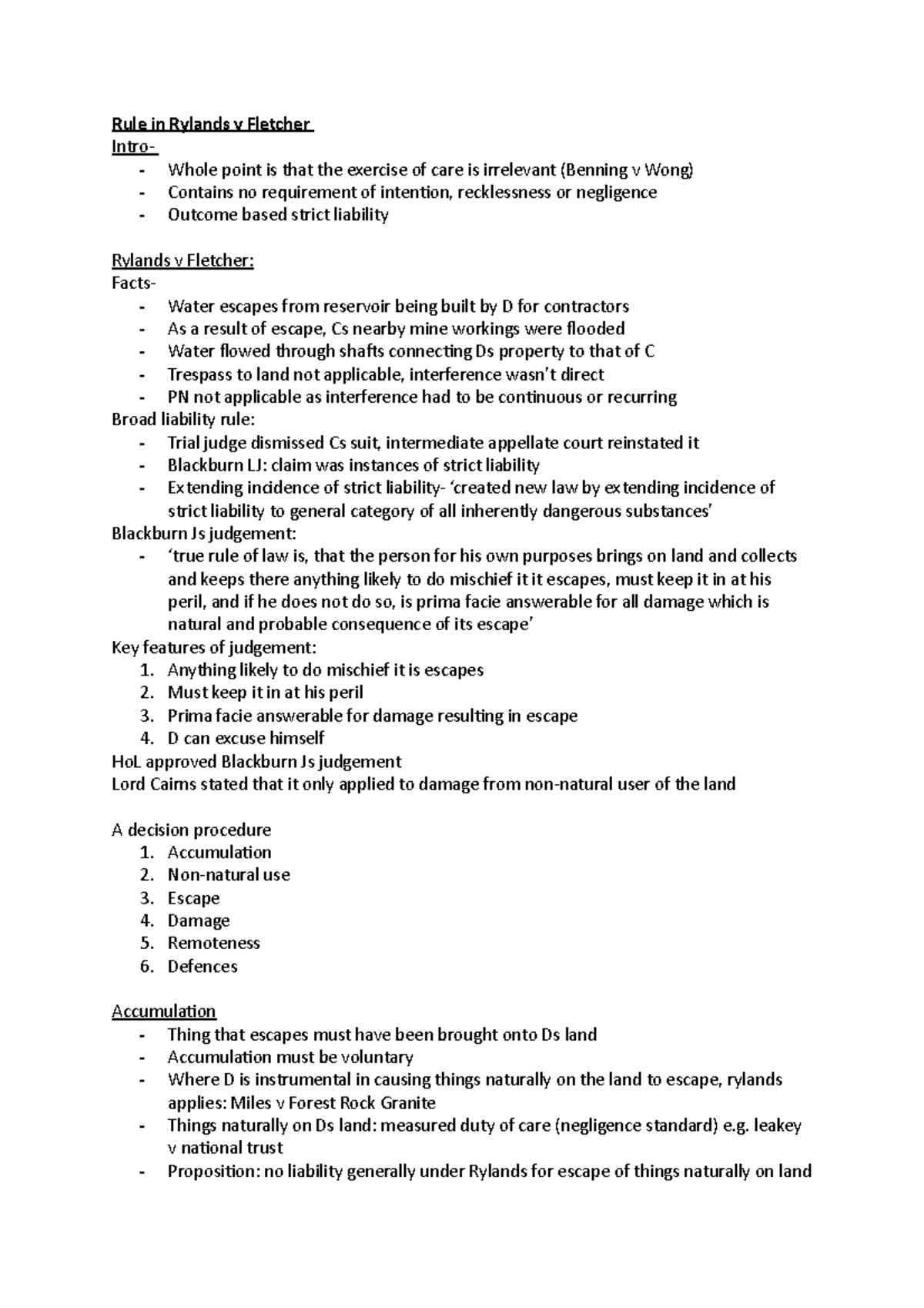 Rule in Rylands v Fletcher - Rule in Rylands v Fletcher Intro- Whole ...